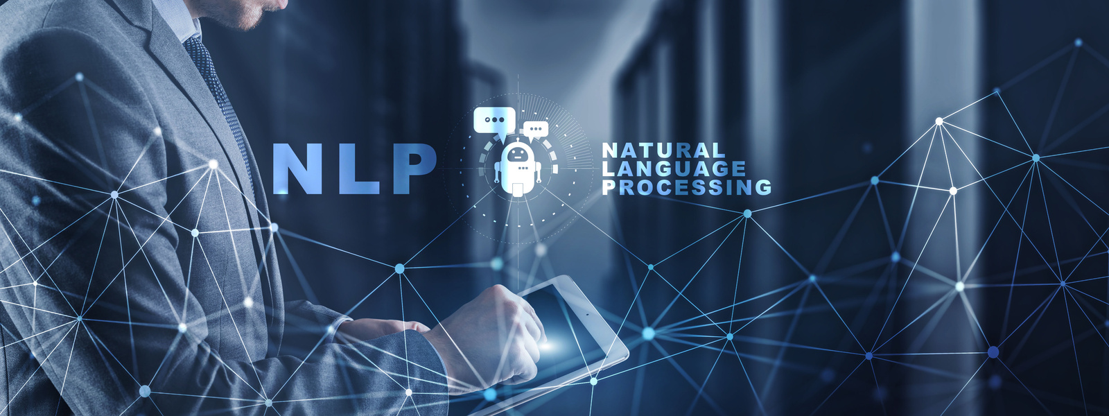 NLP natural language processing cognitive computing technology concept on blurred Server Room.